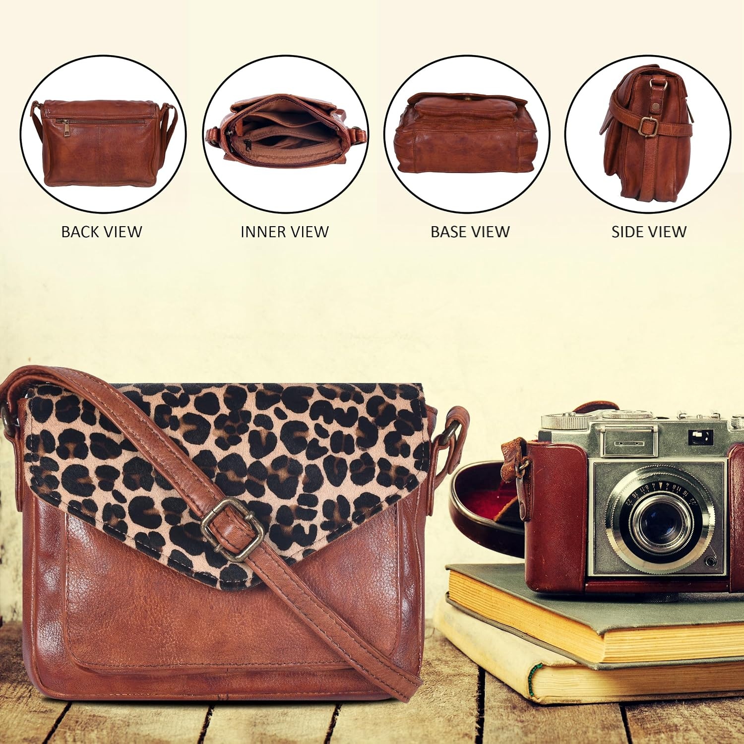 image:imageLeather Flapover Small Crossbody Handbag Purse for Women with Adjustable Strap amp Overflap Snap Closure ToteBagTan Cheetah