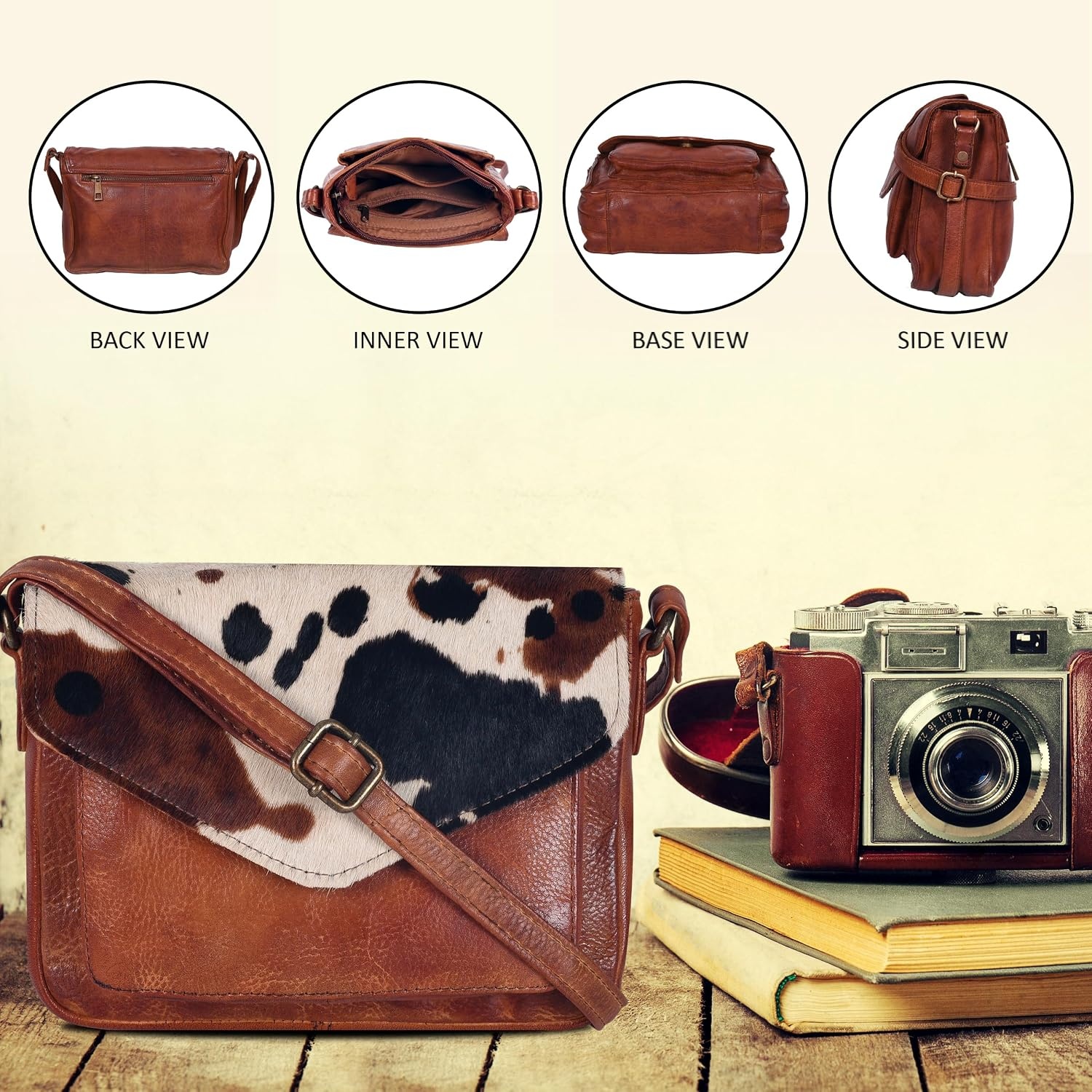 image:imageLeather Flapover Small Crossbody Handbag Purse for Women with Adjustable Strap amp Overflap Snap Closure ToteBagTan Spotted