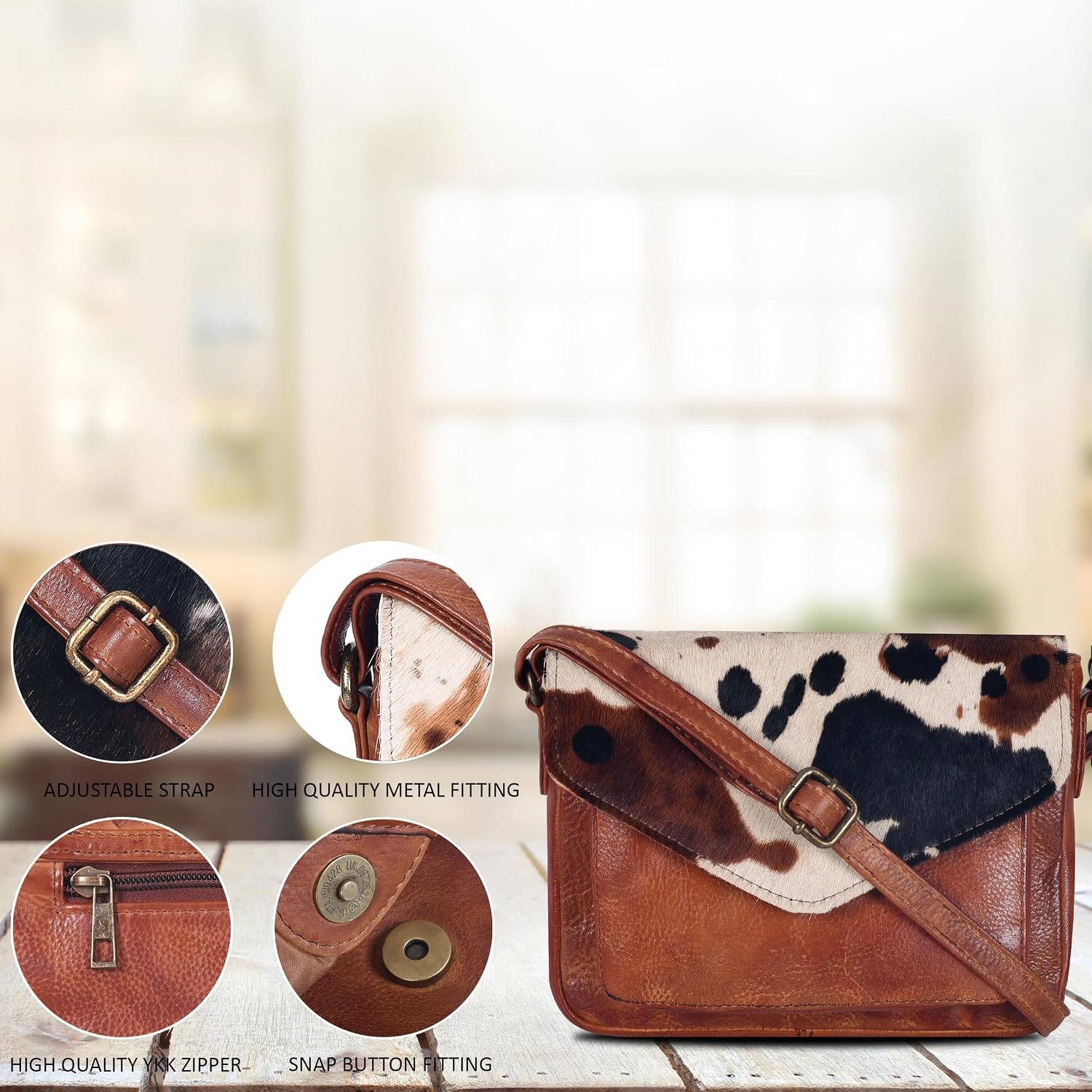 image:imageLeather Flapover Small Crossbody Handbag Purse for Women with Adjustable Strap amp Overflap Snap Closure ToteBagTan Spotted