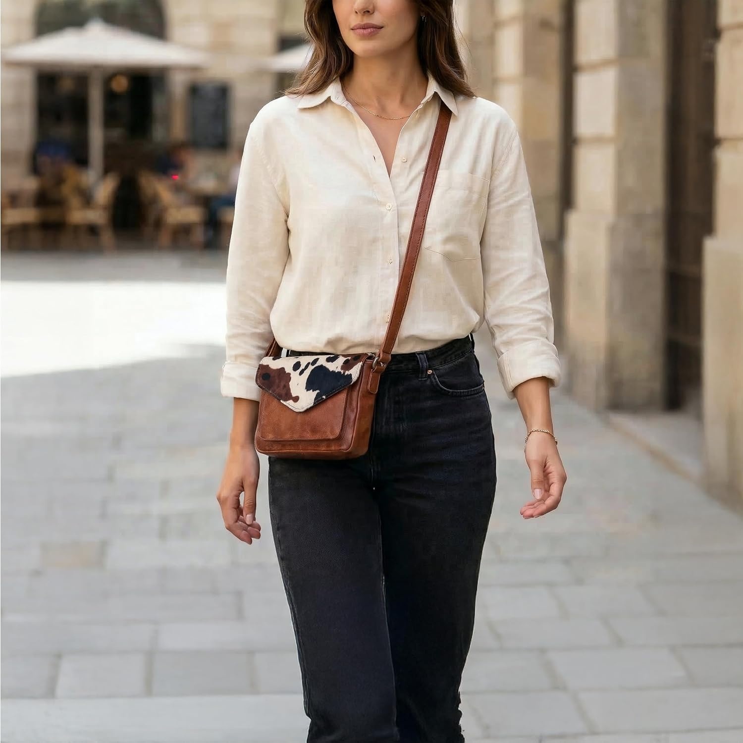 image:imageLeather Flapover Small Crossbody Handbag Purse for Women with Adjustable Strap amp Overflap Snap Closure ToteBagTan Spotted