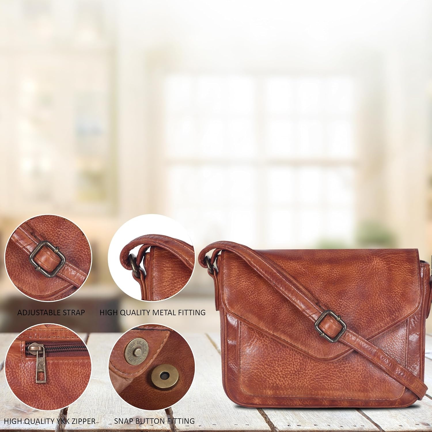 image:imageLeather Flapover Small Crossbody Handbag Purse for Women with Adjustable Strap amp Overflap Snap Closure ToteBagTan Wash