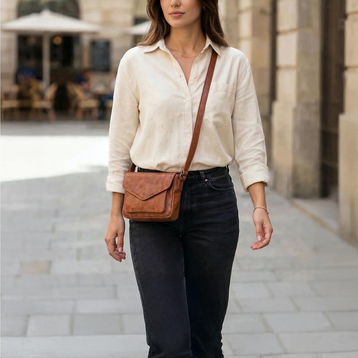 image:imageLeather Flapover Small Crossbody Handbag Purse for Women with Adjustable Strap amp Overflap Snap Closure ToteBagTan Wash