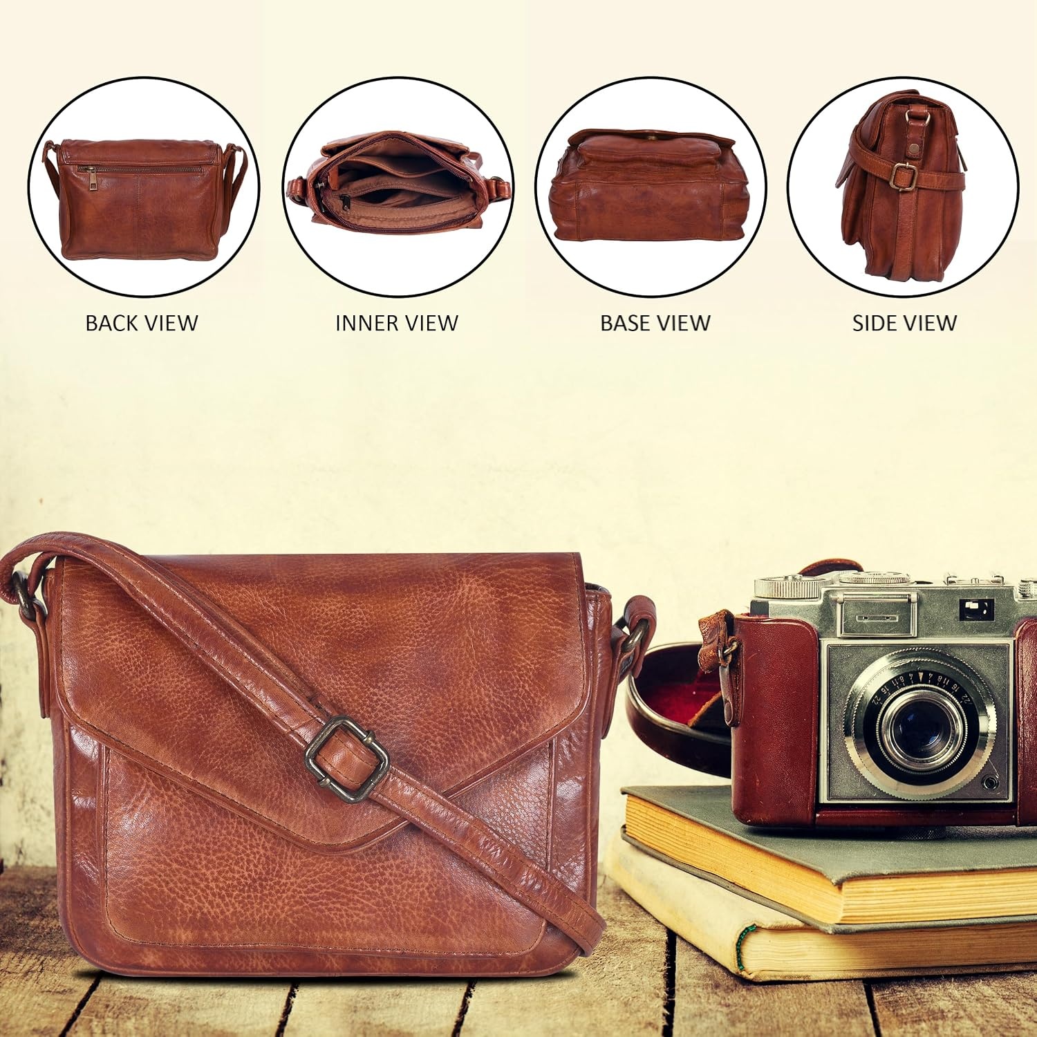 image:imageLeather Flapover Small Crossbody Handbag Purse for Women with Adjustable Strap amp Overflap Snap Closure ToteBagTan Wash