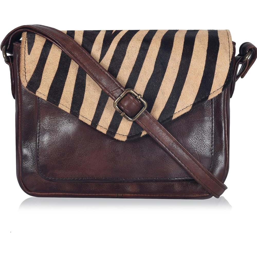 image:imageLeather Flapover Small Crossbody Handbag Purse for Women with Adjustable Strap amp Overflap Snap Closure ToteBagBrown Zebra
