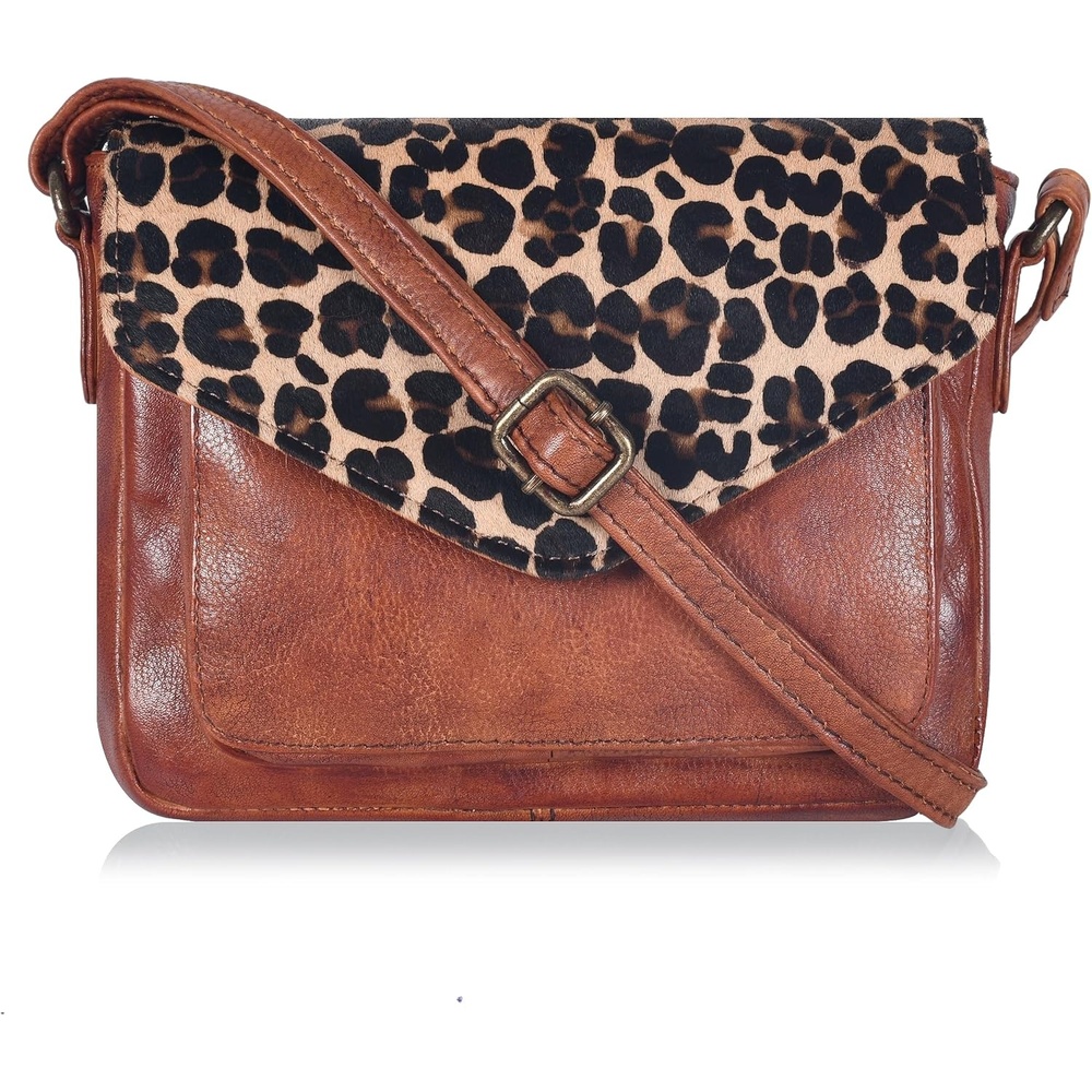 image:imageLeather Flapover Small Crossbody Handbag Purse for Women with Adjustable Strap amp Overflap Snap Closure ToteBagTan Cheetah