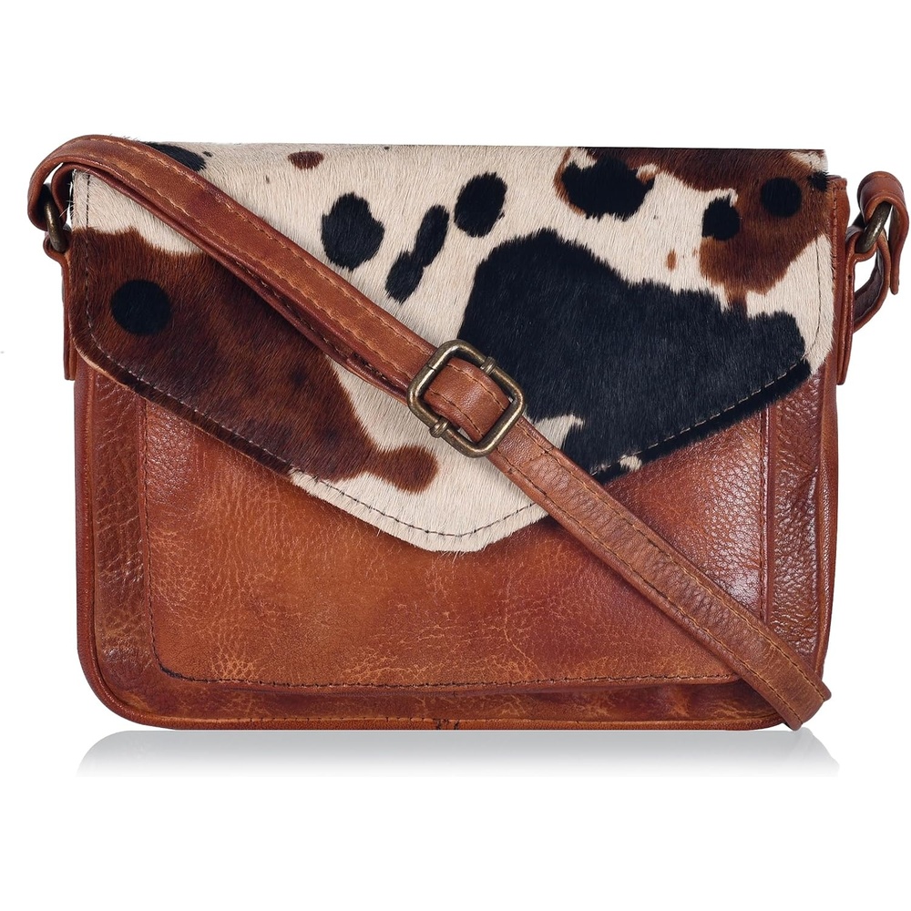 image:imageLeather Flapover Small Crossbody Handbag Purse for Women with Adjustable Strap amp Overflap Snap Closure ToteBagTan Spotted