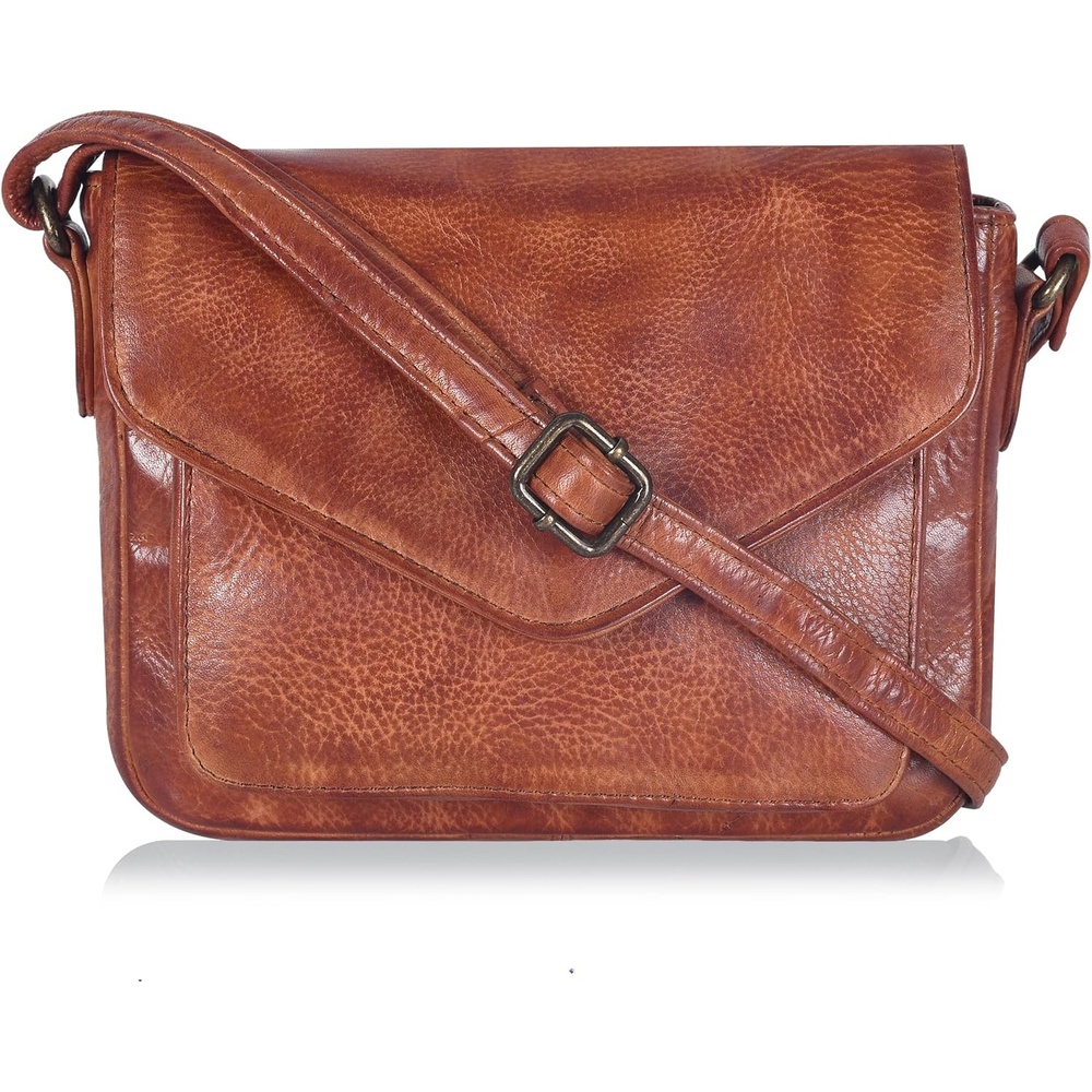 image:imageLeather Flapover Small Crossbody Handbag Purse for Women with Adjustable Strap amp Overflap Snap Closure ToteBagTan Wash